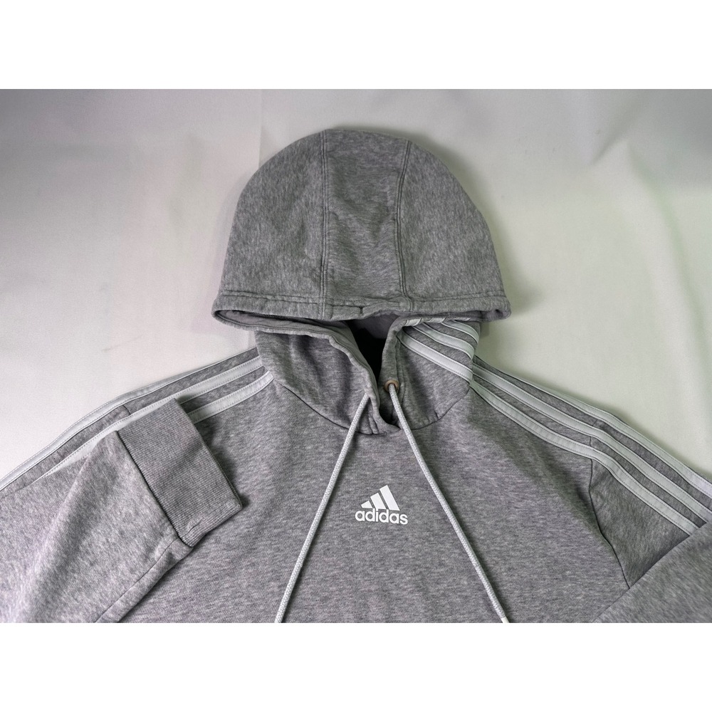 Adidas Essentials Womens L Grey Hoodie Full Zip 3 Stripe Sleeve Athleisure Sport